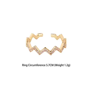 Gold plated wave zigzag ring with micro-pave cubic zirconia crystals and 5.7cm circumference