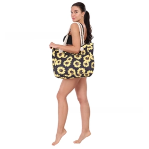 Detail of sunflower beach tote bag featuring thick white cotton rope handles and large capacity