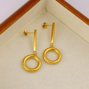 Close-up of golden 18K plated stainless steel bar and hoop earrings in a jewelry box