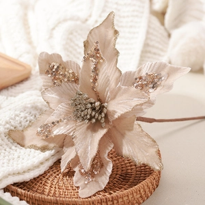 Fleurs De Poinsettia De Noël Artificielles En Velours Avec Paillettes Et Tige Pour Décoration De Sapin De Noël Maison