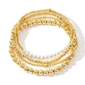 Chic five-piece stacked bracelet set with gold metal beads and white imitation pearls