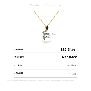 Size chart showing S925 sterling silver snake pendant necklace dimensions and weight