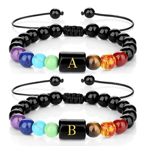 Bracelet En Perles De Pierre Naturelle Chakra Lettre Initiale Dorée Obsidienne Oeil De Tigre Tissé Main Ajustable Hommes Femmes