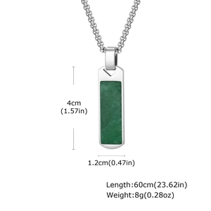 Detailed view of silver bar pendant with green stone including 60cm chain dimensions