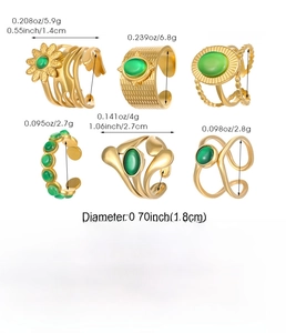 Size chart showing six vintage stainless steel rings with green turquoise and measurements