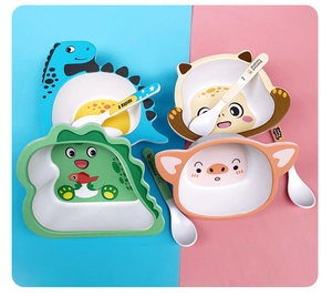 Bamboo fiber kids tableware set with cute colorful cartoon animal bowls and spoons