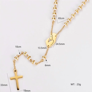 Golden 6mm bead rosary necklace with cross pendant and virgin mary medal showing dimensions