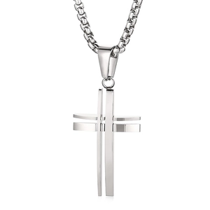 Minimalist silver hollow stainless steel cross pendant necklace for men with metal chain
