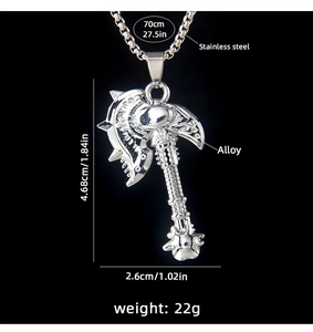 Detail view of viking axe necklace with dimensions 4.68x2.6cm and 70cm chain specs