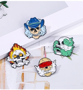 Detail view of colorful punk enamel pins featuring skull and flame designs on white steps