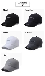 Détail de casquettes de baseball à séchage rapide en cinq couleurs avec lettrage thermocollé