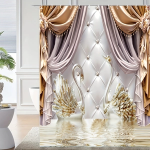 Shower Curtain Waterproof Polyester Fabric 3D Luxury Golden Swan Pattern With Hooks Bathroom Decor European Style