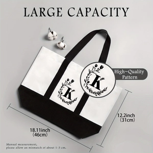 Large canvas tote bag with letter print in black and white minimalist style