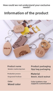 Detail of laser-engraved beech and walnut wood keychains in various geometric shapes