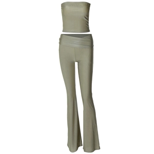 Olive green tube top and high waisted flared trousers set with metallic satin finish