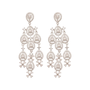 Elegant silver tassel earrings with zircon waterdrop charms and floral chandelier design