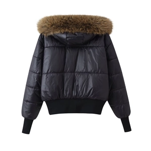 Detail of black winter jacket back view with plush brown faux fur trim hood