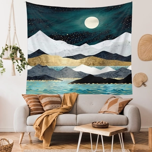 Detail of modern mountain landscape tapestry with moon and stars in living room decor