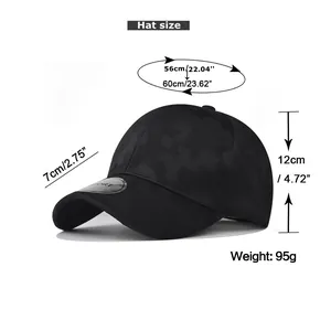 Detailed size chart for camouflage baseball hat including circumference and brim measurements