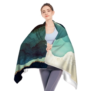Fashionable microfiber beach towel cape featuring a digital print of mountain landscape