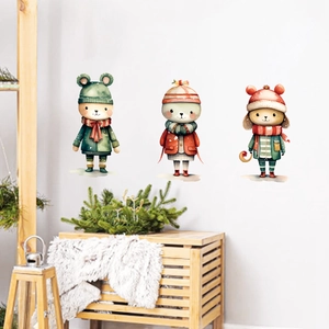 Cute cartoon Christmas animal wall stickers with three bears in winter outfits on white wall