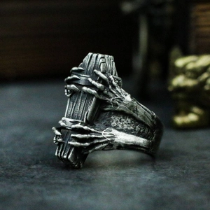 Vintage gothic coffin ring with skeletal hands in antique silver finish for men
