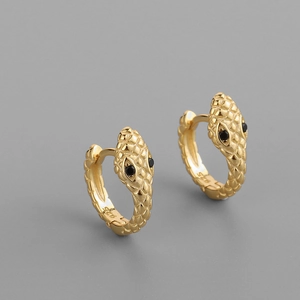 Golden S925 silver snake hoop earrings with black zircon eyes and scale texture