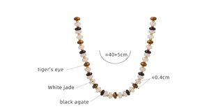 Detail view of tiger's eye and black agate beaded necklace with size dimensions