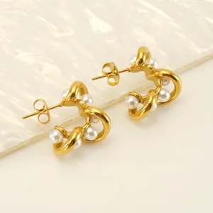 Boucles D Oreilles Puces Torsadées En Forme De C Acier Inoxydable Plaqué Or 18K Avec Künstliche Perles D Imitation Bijoux