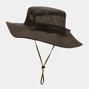 Detail of dark brown quick-dry sun hat with breathable mesh and adjustable chin strap