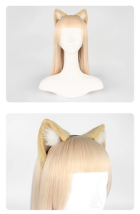 Detail view of brown and cream plush animal ears on a headband for cosplay accessories