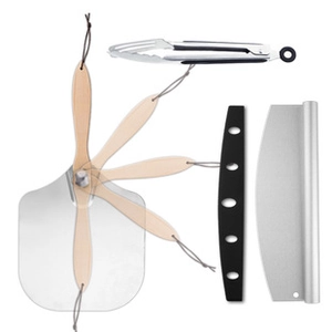 Three-piece stainless steel pizza set with foldable wooden handle peel and cutter