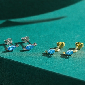 Boucles d'oreilles dinosaure en argent S925 avec pierres marquises bleues, or et argent