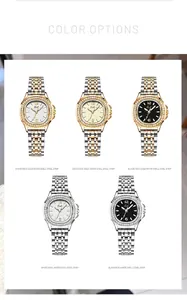 Detailed view of five diamond-encrusted women's quartz watches in various color options