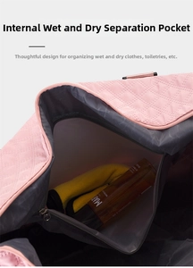 Detail view of pink quilted travel bag showing the waterproof wet dry separation pocket