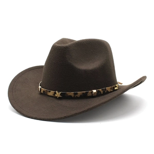 Dark brown wide-brim fedora hat with leopard print belt and gold star metal ornaments