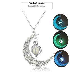Luminous crescent moon pendant necklace with glowing beads in blue and green light