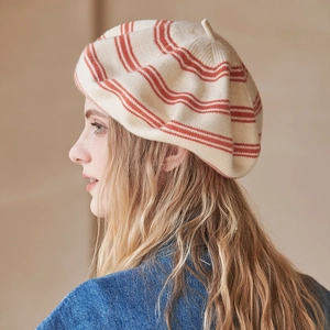 Chic beige knitted wool beret with classic red stripes and wide brim for women