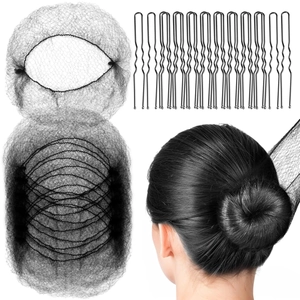 Hair styling set detail with black mesh hair nets and U-shaped wavy metal hairpins for buns