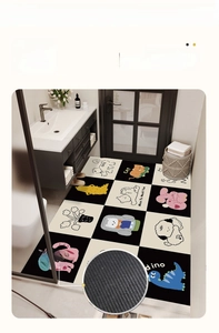 Detail showing non-slip rubber backing texture of cartoon bathroom mat in bathroom