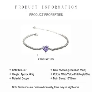 Bracelet cœur tendance en cuivre avec zircon violet et strass incrustés de luxe