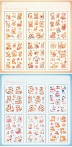 Detail view of PET waterproof cartoon bear and cat stickers with size specifications
