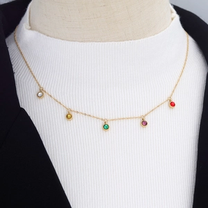 18K gold plated necklace featuring five colorful round rhinestone pendants for women