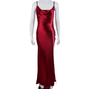 Elegant red silk slip dress with backless design and cowl neck for evening parties
