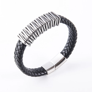 Retro black braided leather bracelet with stainless steel ornaments and magnetic clasp