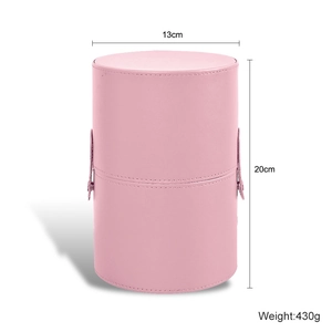 Pink PU leather makeup brush holder dimensions showing 20cm height and 13cm diameter