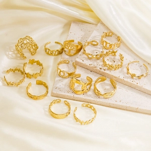 14-piece 14K gold plated stainless steel open ring set with vintage tree and leaf patterns