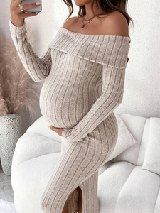 Vestito Maternità Spalle Scoperte Maniche Lunghe Maglia A Costine Vestibilità Aderente Spacco Laterale Tinta Unita Elegante Gravidanza