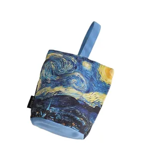 Artistic Van Gogh Starry Night canvas bucket bag with light blue handle for daily use