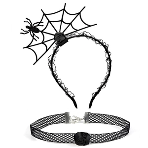 Detail of Halloween spider web headband and lace choker set with rose decorations